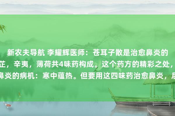 新农夫导航 李耀辉医师:苍耳子散是治愈鼻炎的名方,它由苍耳子,白芷,辛夷,薄荷共4味药构成。这个药方的精彩之处,在于它体现出鼻炎的病机:寒中蕴热。但要用这四味药治愈鼻炎,后果却不睬想。原因是不会迎合病机加减...